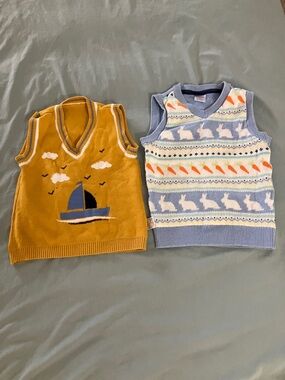 Two Kids Knit Sweater Vests - Mustard Sailboat & Pastel Blue Bunny( get 2 pcs)